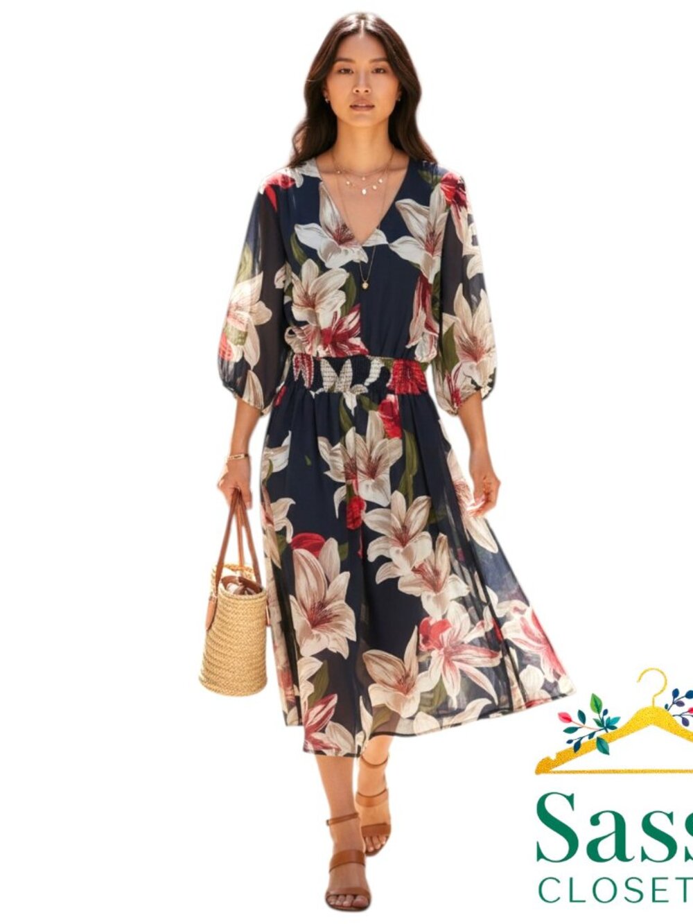 Kate and Lily Floral Midi Dress 8 EUC Smocked V Neck Navy Blue Sheer Sleeve